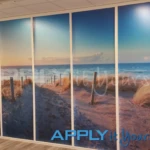 Bespoke printed frosted window film, across multiple windows, with beach, sun, back, complete privacy, AR02