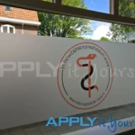 Bespoke printed frosted window film, with logo, privacy, block view, back, inside view, AR02