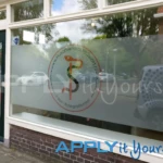Bespoke frosted window film with printed logo, giving privacy and block view, outside, AR02