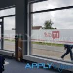 Custom printed frosted window film with logo and branding, giving partial privacy and block view, AR02