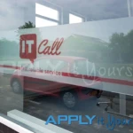 Custom printed frosted window film with logo and branding, giving partial privacy and block view, outside view, AR02