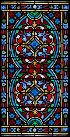 French stained glass window film, tall windows, vintage, worn
